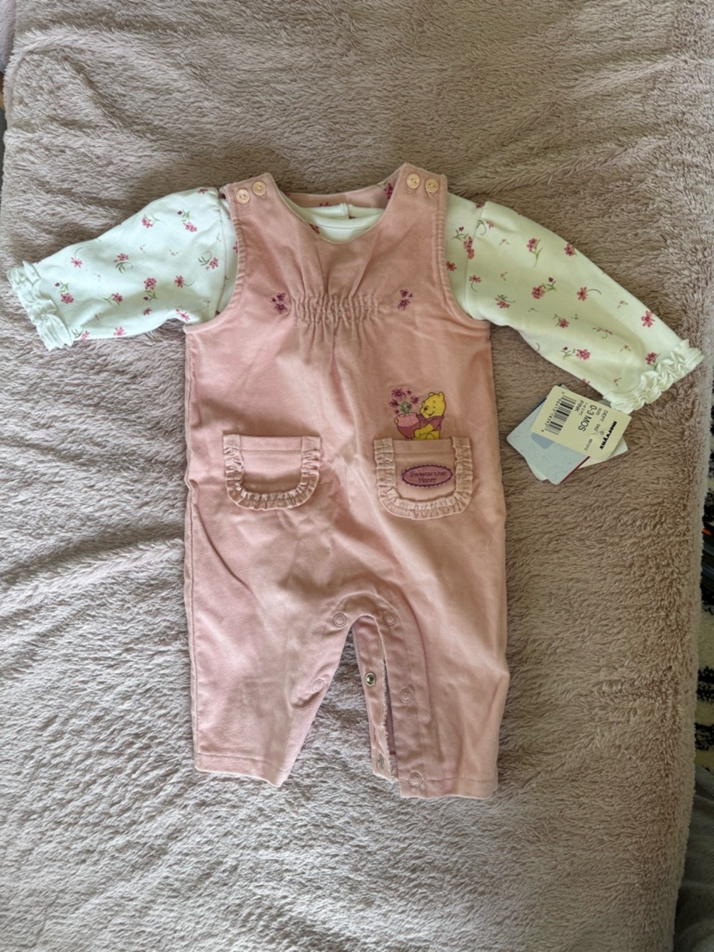 Vintage Winnie the Pooh Pink Baby Romper Set with Floral Long Sleeve